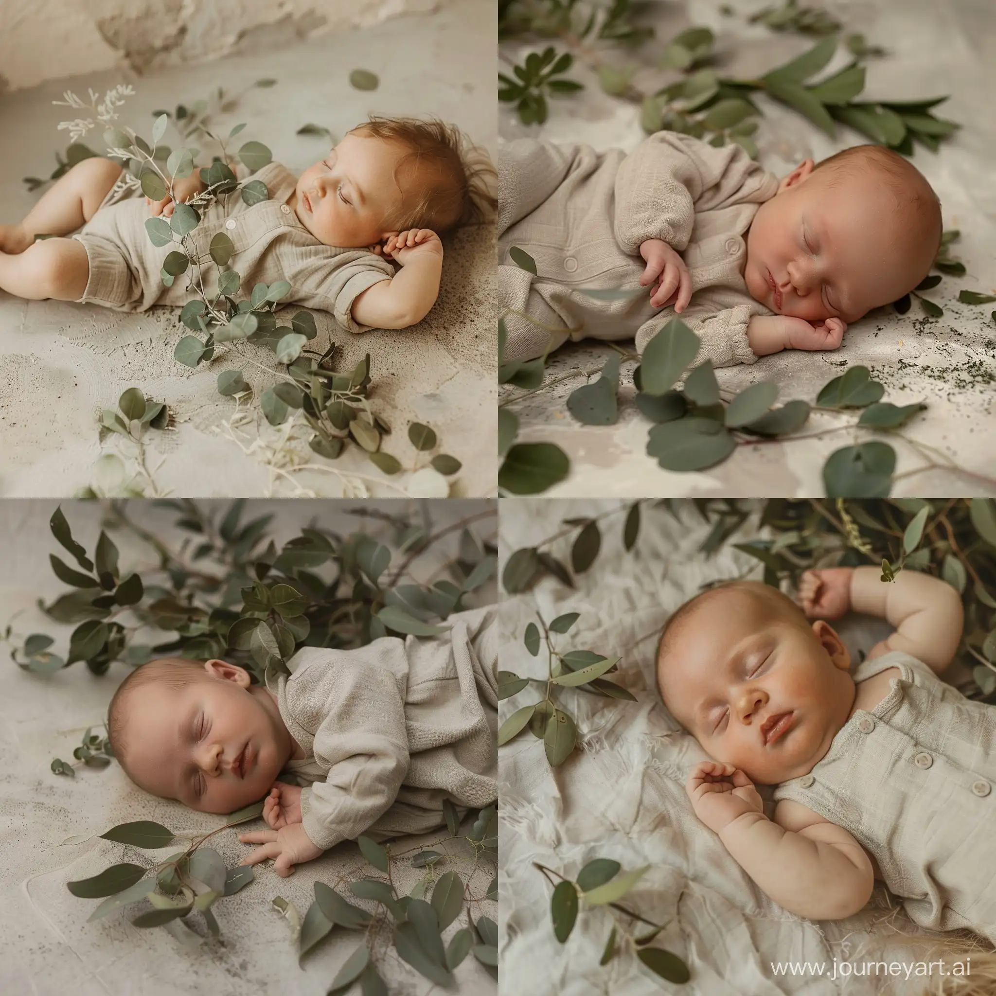 Sleeping-Newborn-Baby-in-Beige-Jumpsuit-Surrounded-by-Green-Leaves