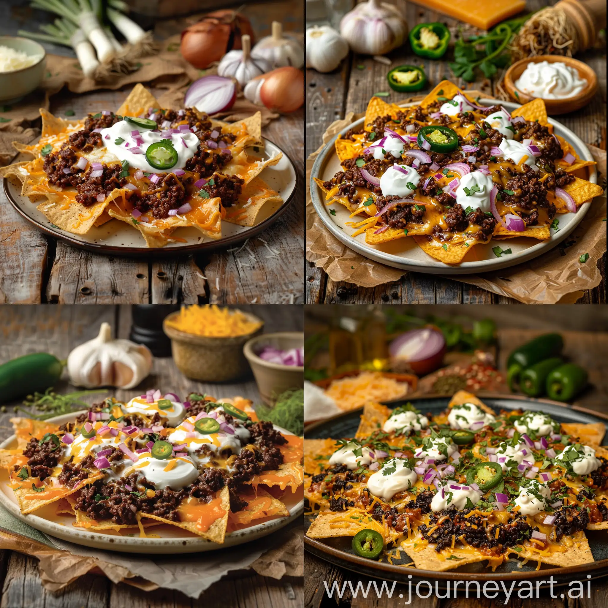 extremely photo realistic commercial image of staged black bolognese on plate of nachos with sour cream evenly spread, cheese on top, chopped red onion and chopped jalapeno as topping, background should contain some good looking ingridients on torn wood table, aestetics should be rustic