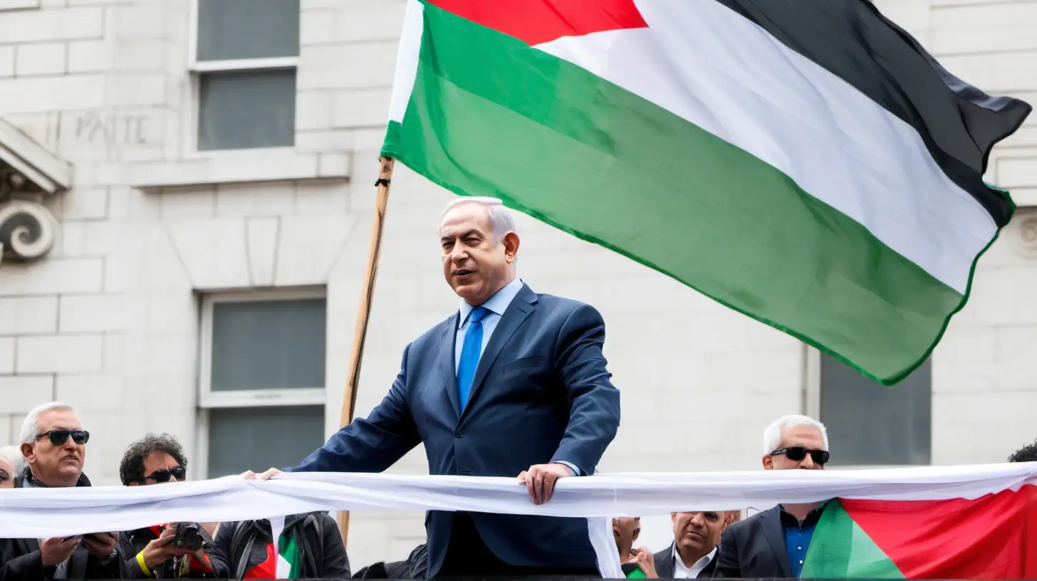 Benjamin Netanyahu at a pro-Palestine flag in Trafalgar square, London. He is raising a huge flag of Palestine with the surrounding crowd.