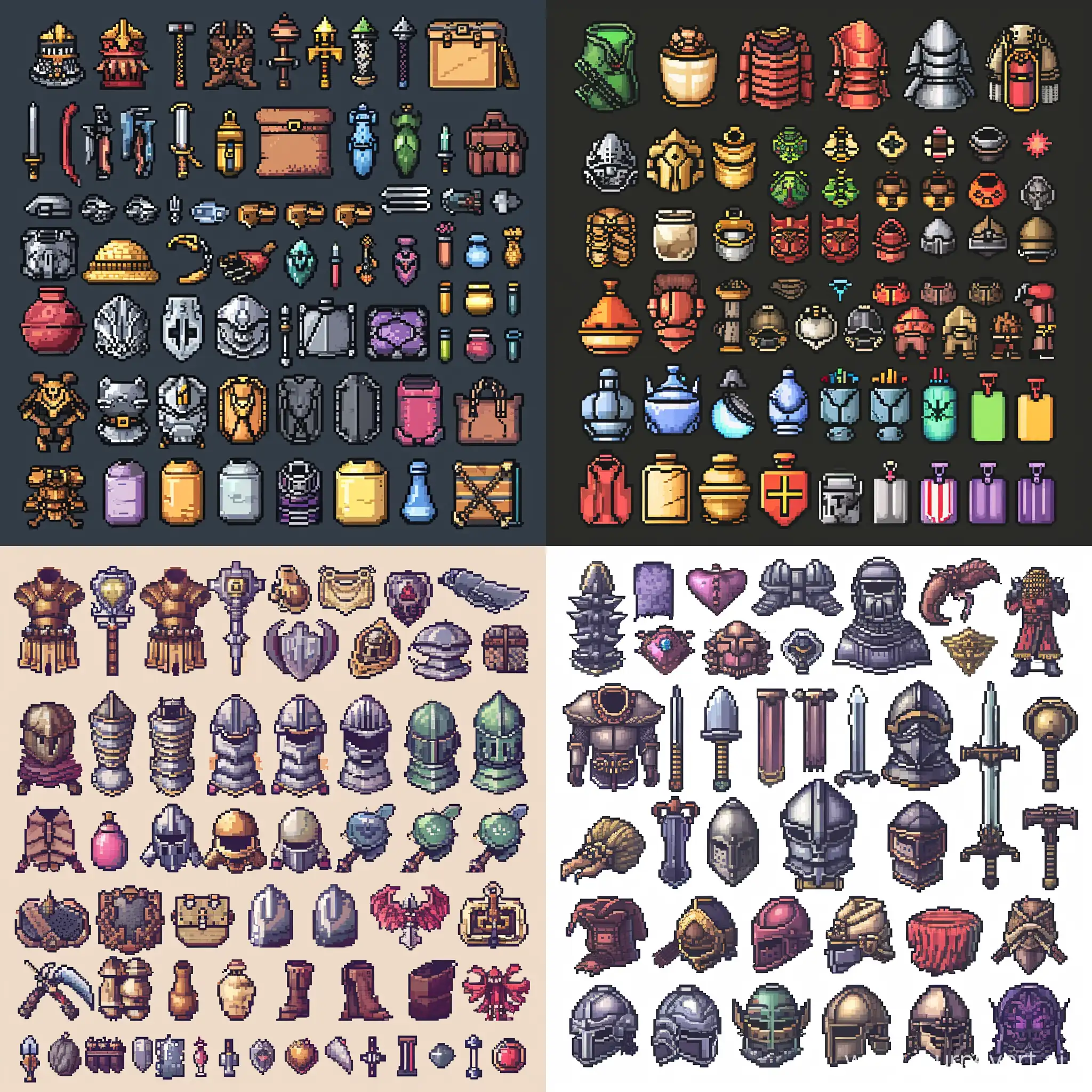RPG armor Items 8bit, pixel art Spritesheet with Vibrant Visuals