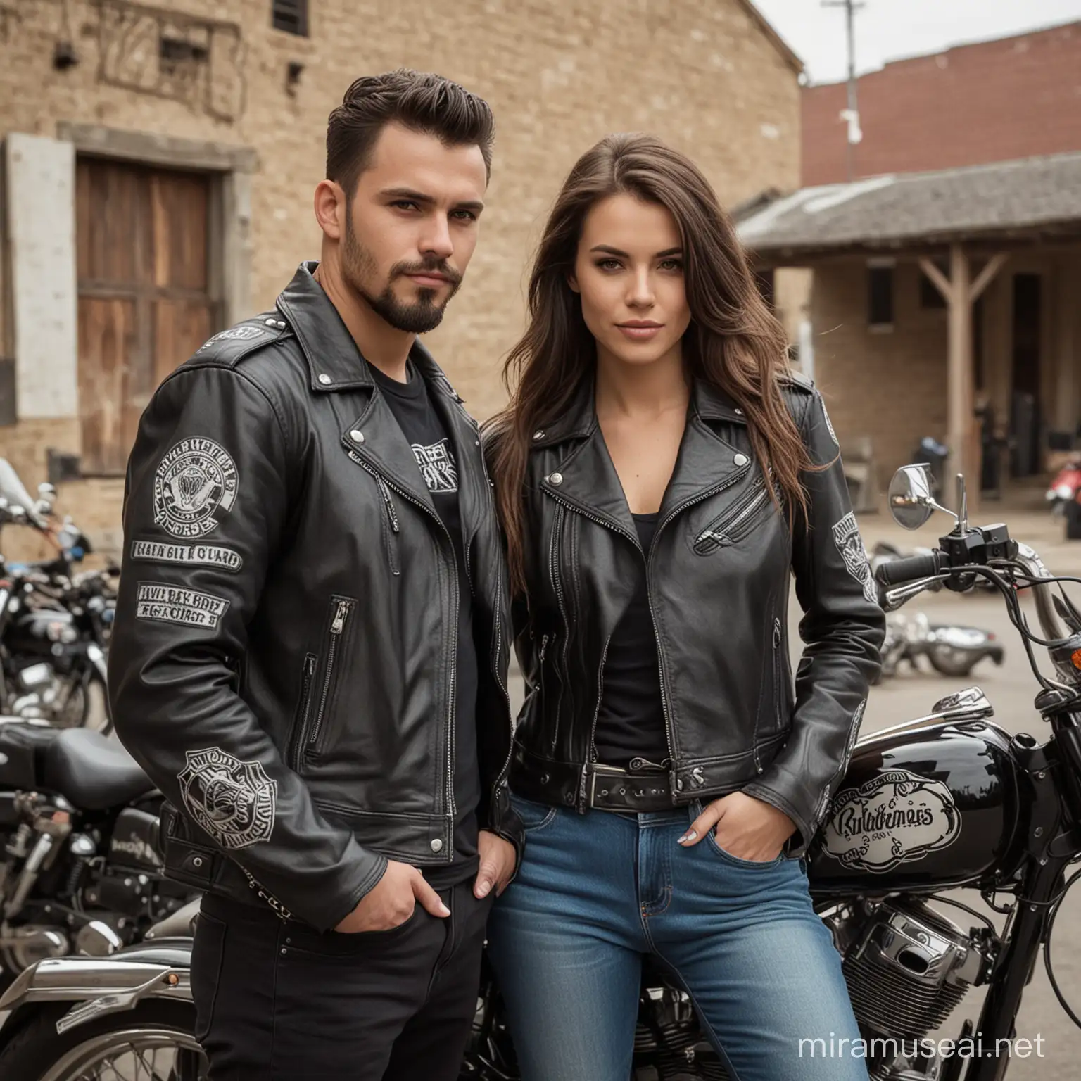 a beautiful man and woman, motorcycle club, natural not posing
