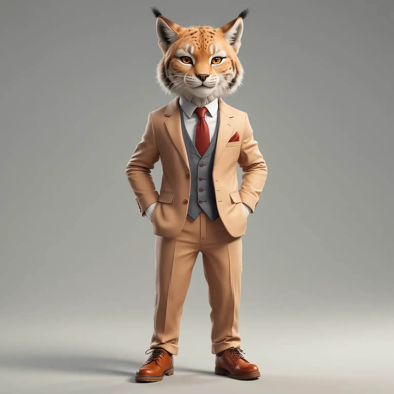 a lynx cartoon style, full body, in suit clothes, with shoes, clear background