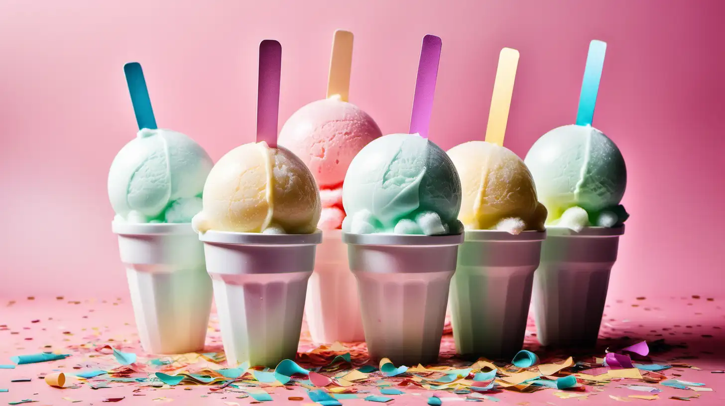 Create an image that shows bright creamy Italian ice scoops in many cups surrounded by confetti and balloons