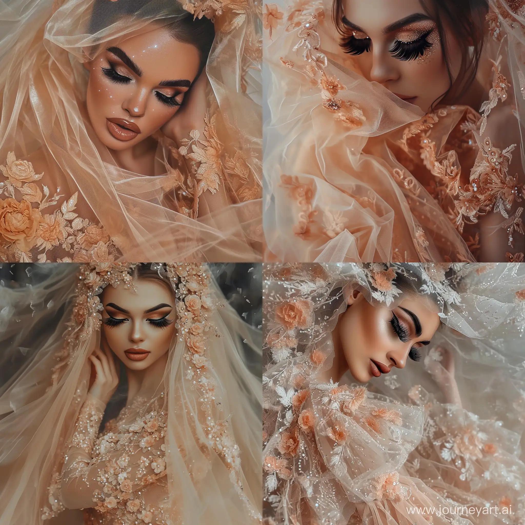  Hyperrealism, diamond painting, a very beautiful luxurious woman in a transparent beige-peach wedding dress, long, voluminous eyelashes, eyes, watercolor drawing, very beautiful Smoky Eyes makeup, floral embroidery, photo portrait, photorealism, pixel graphics, high level of detail, dynamic, bohemian, surrealism, realistic, high quality, filigree, mist, hyperdetailing, hyperrealism, octane rating.