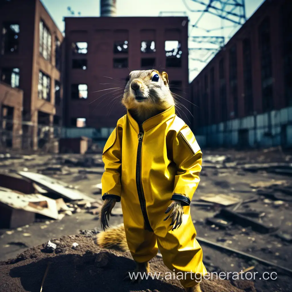 Суслик в противорадиационном костюме, на фоне заброшенного завода