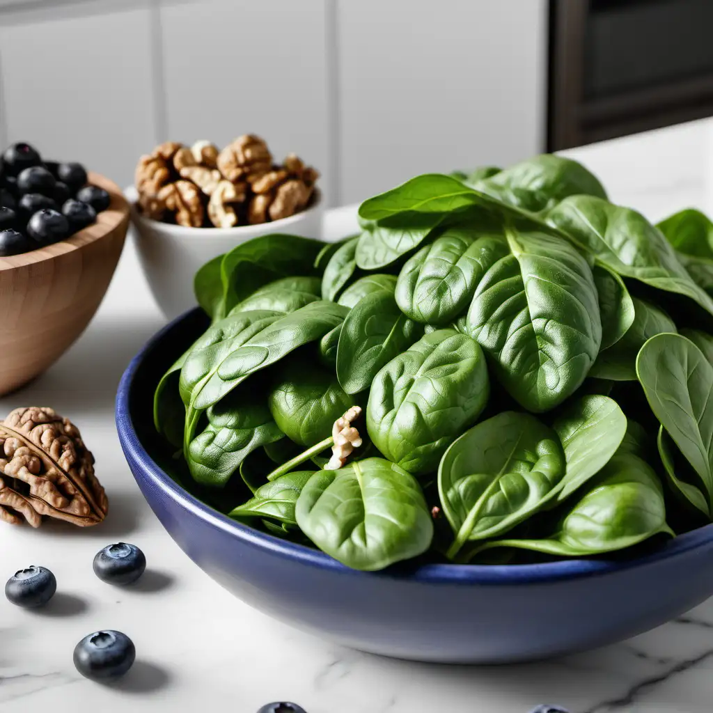 fresh spinach, blueberries and walnuts in a beautiful kitchen counter.