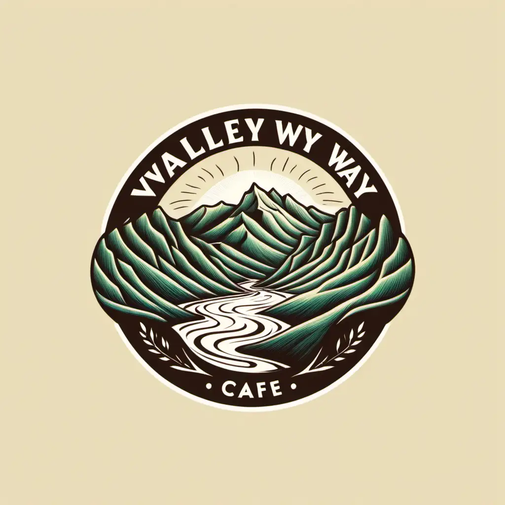 Scenic Valley Way Cafe Logo with Mountains and Water