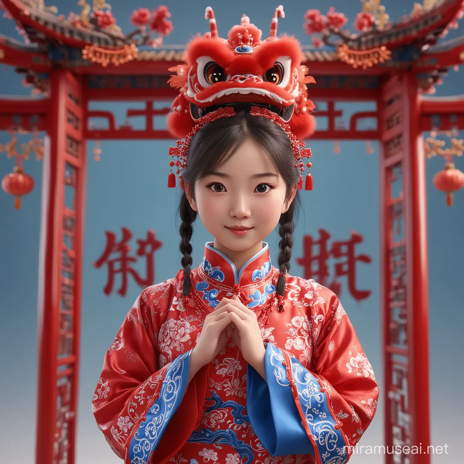 3D animation of a Chinese girl wearing a red lion dance costume with blue details and sparkling beads. The girl is also wearing traditional Chinese clothing in red with dragon embroidery and a pink tie. The background is a traditional Chinese gate.