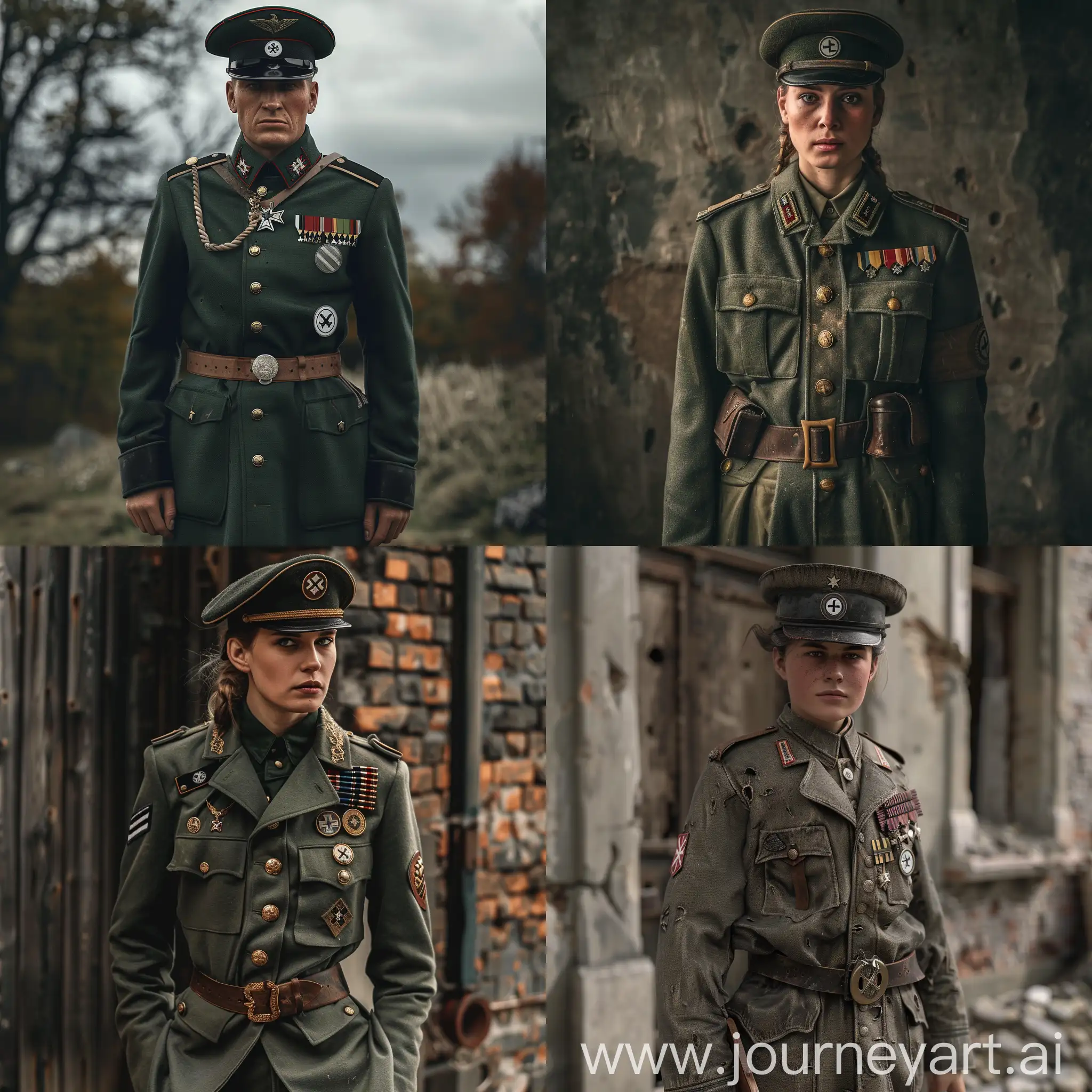 Generate a description of a person dressed in the German military uniform from World War II, including the specific elements of the uniform such as the style of the jacket, pants, hat, and any additional details like medals or insignia."