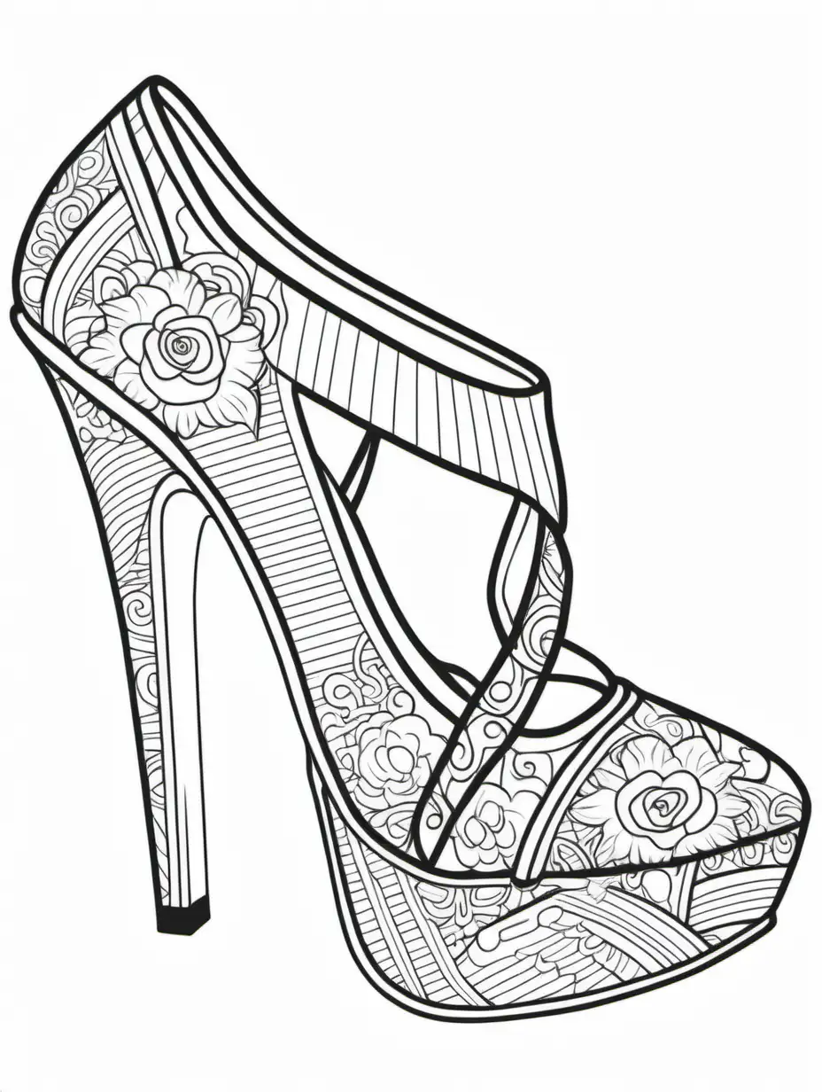 high heel shoes coloring book, black and white, line art, thick black lines