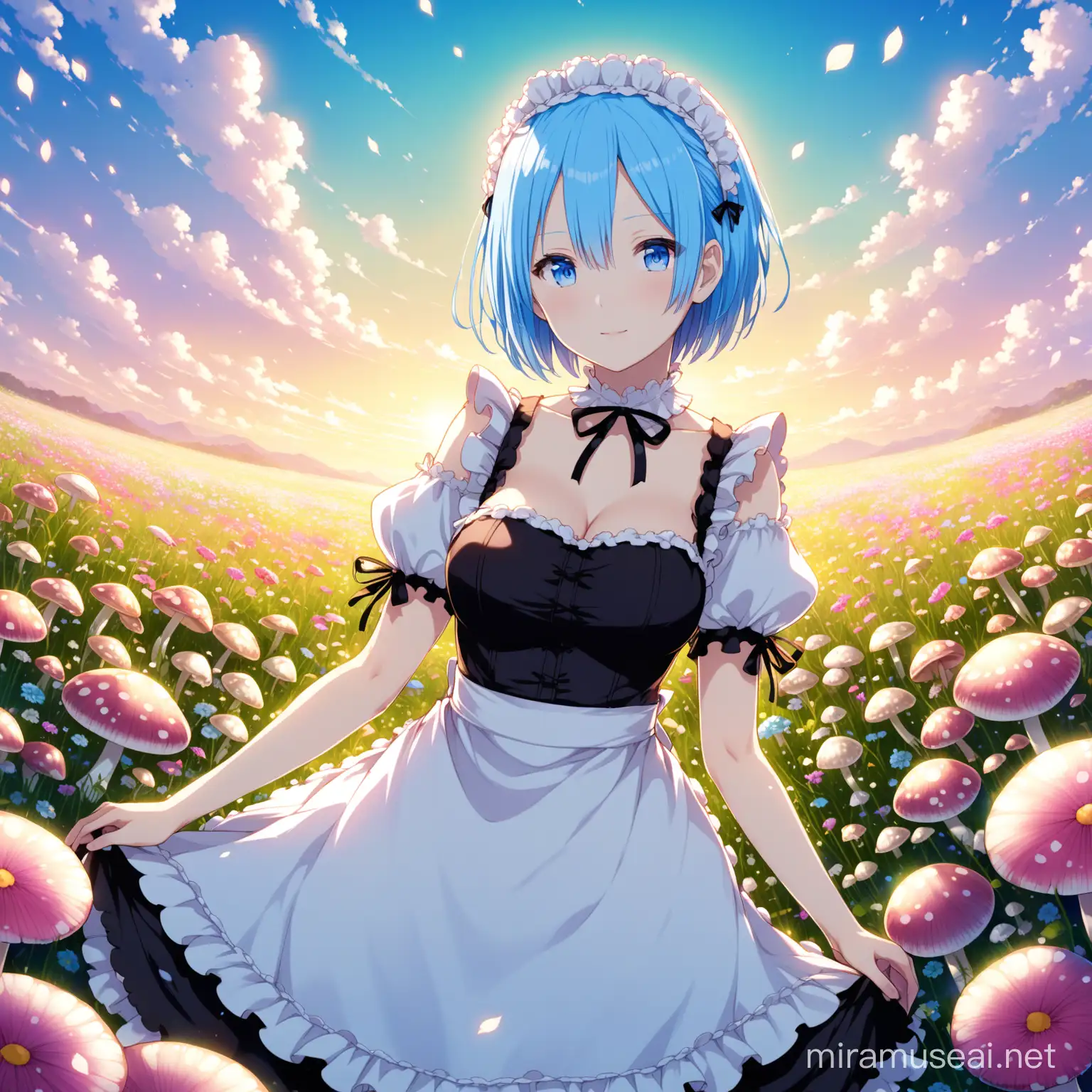 Anime Rem in Maid Outfit Posing in a Vibrant Flower Field