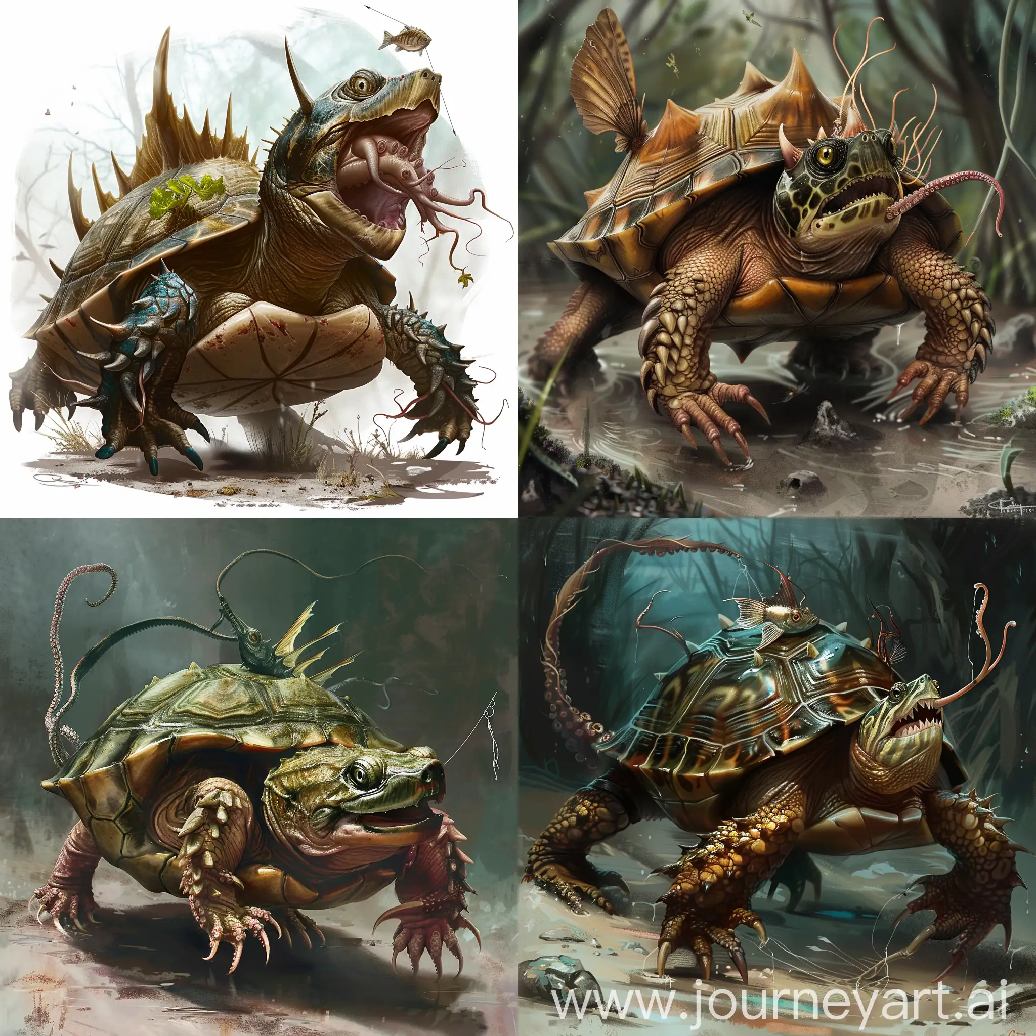 A snapping turtle which has an angler fish head and tentacles instead of legs, in the style of Dungeons and Dragons fantasy art