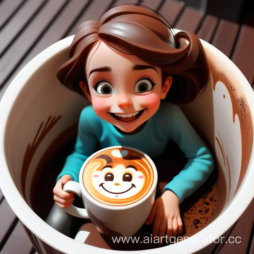 Счастливая девушка сидит в огромной чашке кофе