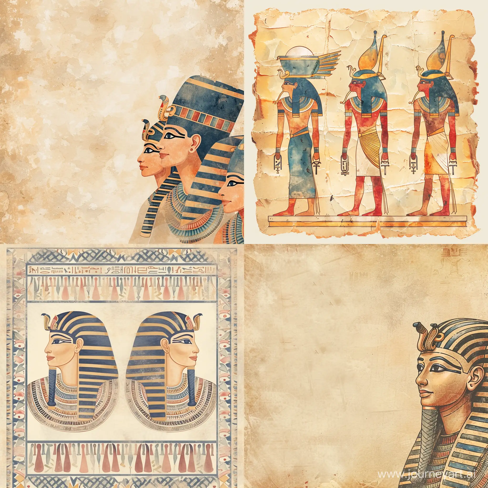 Delicate-Watercolor-Stylized-Caricature-with-Ancient-Egyptian-Motifs-on-Antique-Paper-Background