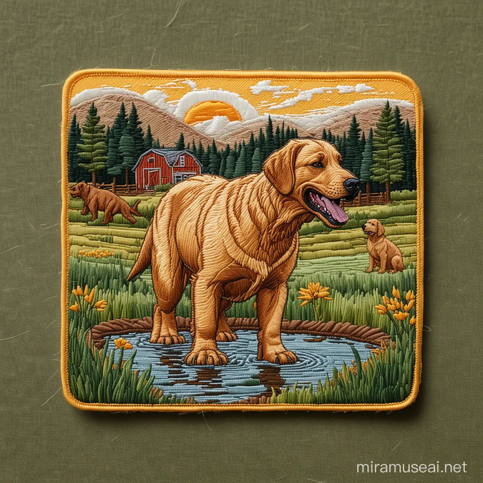 A square embroidered patch, a Tyrannosaurus rex mixed with a golden retriever, infront of a small farm pond, thick lines, low detail, no shading --