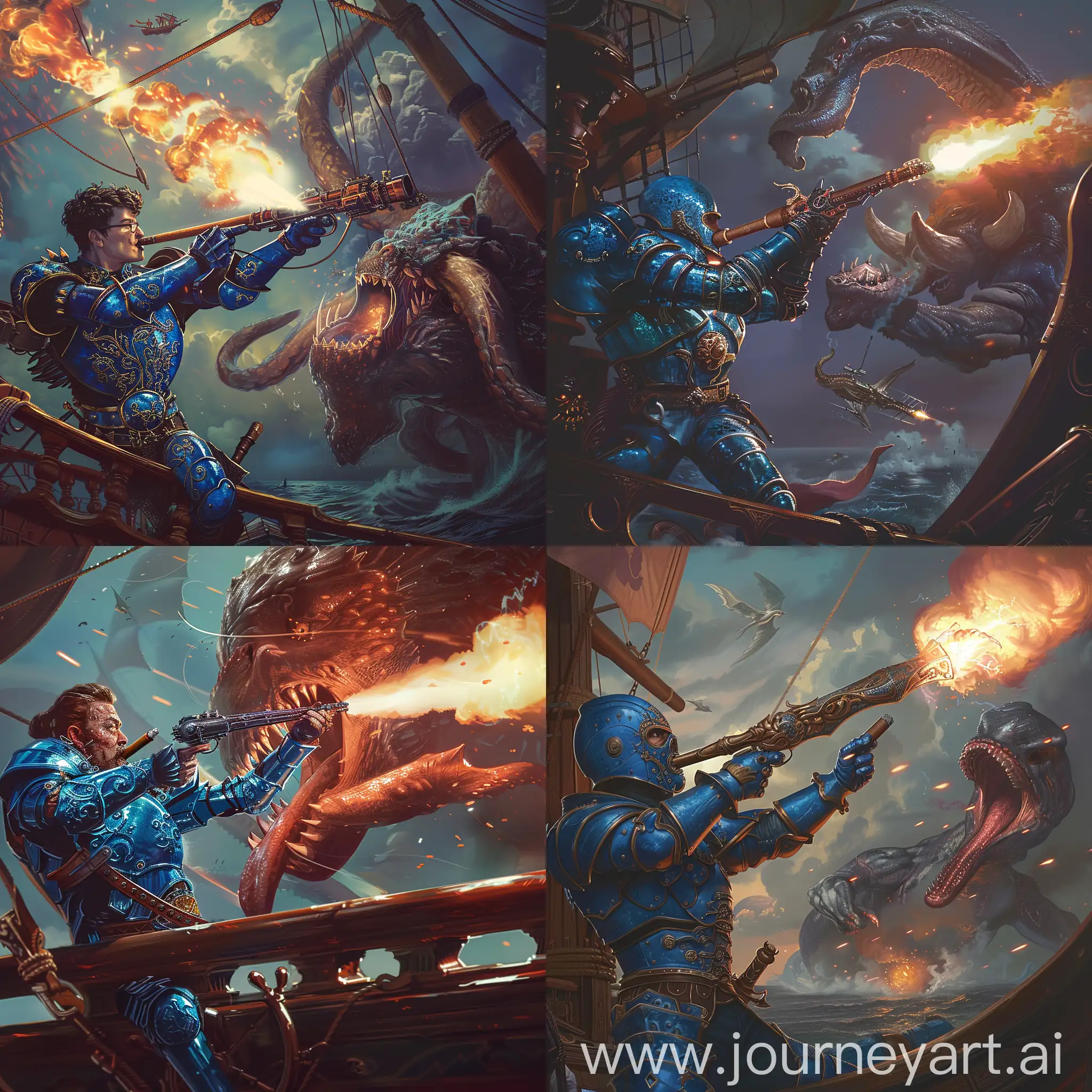 A human fighter called Trevor wearing blue enameled plate armour firing a large balista from the prow of a ship at a large kraken while holding a glowing cigar in his mouth