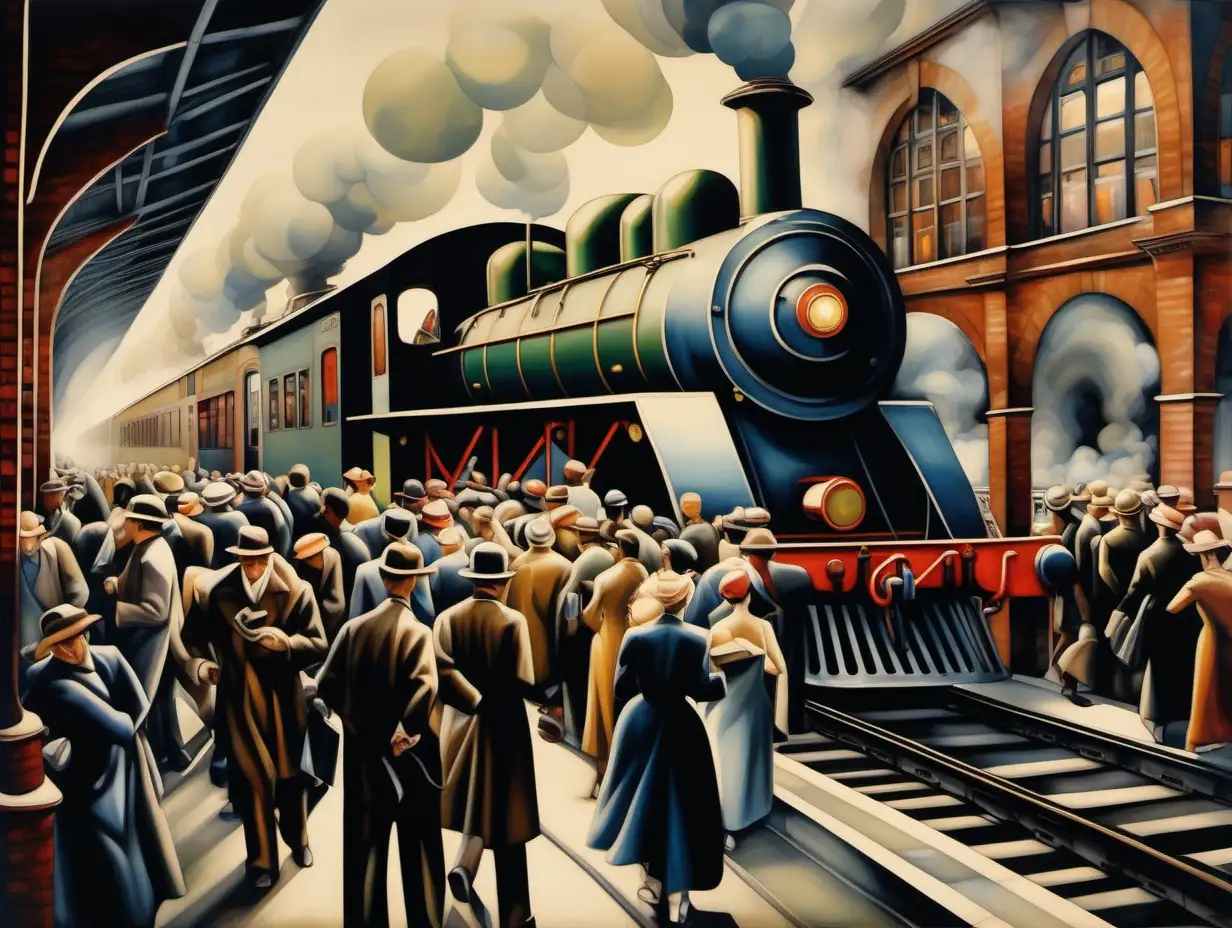 In the style of Tamara de Lempicka, the scene bursts with energy and movement at a bustling train station. The platform is crowded with commuters rushing to catch their trains, each person depicted with dynamic brushstrokes that capture their hurried motion. The architecture of the station is imposing, with arched windows and towering columns adding to the sense of grandeur. Steam billows from the locomotive as it prepares to depart, enveloping the scene in a hazy atmosphere. In the foreground, a group of workers unloads cargo from a nearby freight train, their muscles straining as they heave crates and barrels onto waiting carts. Despite the chaos, there's a sense of order and purpose in the scene, as if each person is part of a larger urban symphony, moving in harmony with the rhythms of the city.