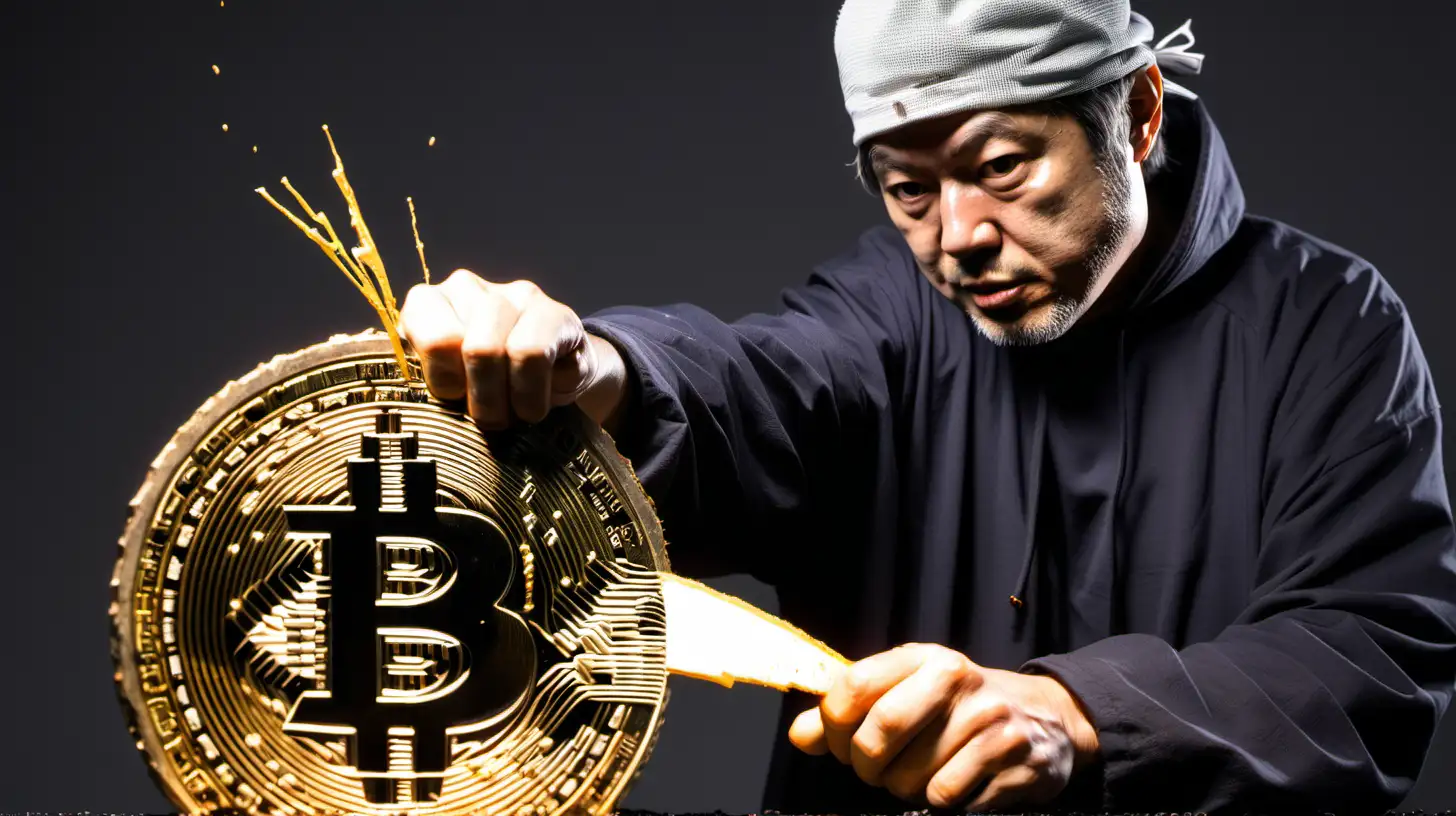 satoshi nakamoto slashing a half split giant bitcoin into two 
