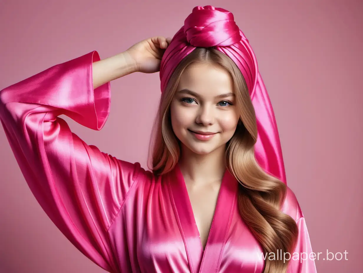 Glamorous Portrait of Smiling Queen Yulia Lipnitskaya with long silky hair in Luxurious Pink Fuchsia Silk Robe with pink silk headscarf