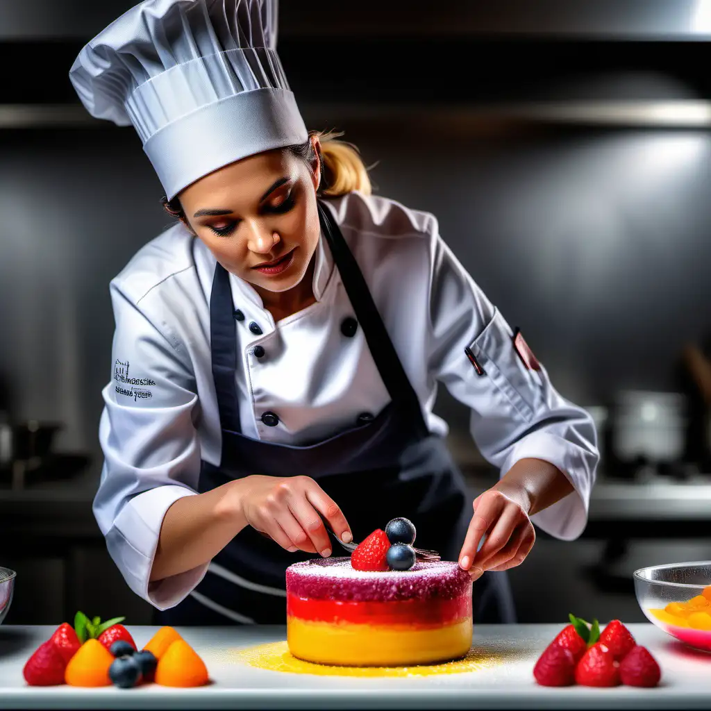 A woman chef cooking a dessert with vivid colors, shot with Sony Alpha a9 II and Sony FE 200-600mm f/5.6-6.3 G OSS lens, natural light, hyper realistic photograph, ultra detailed