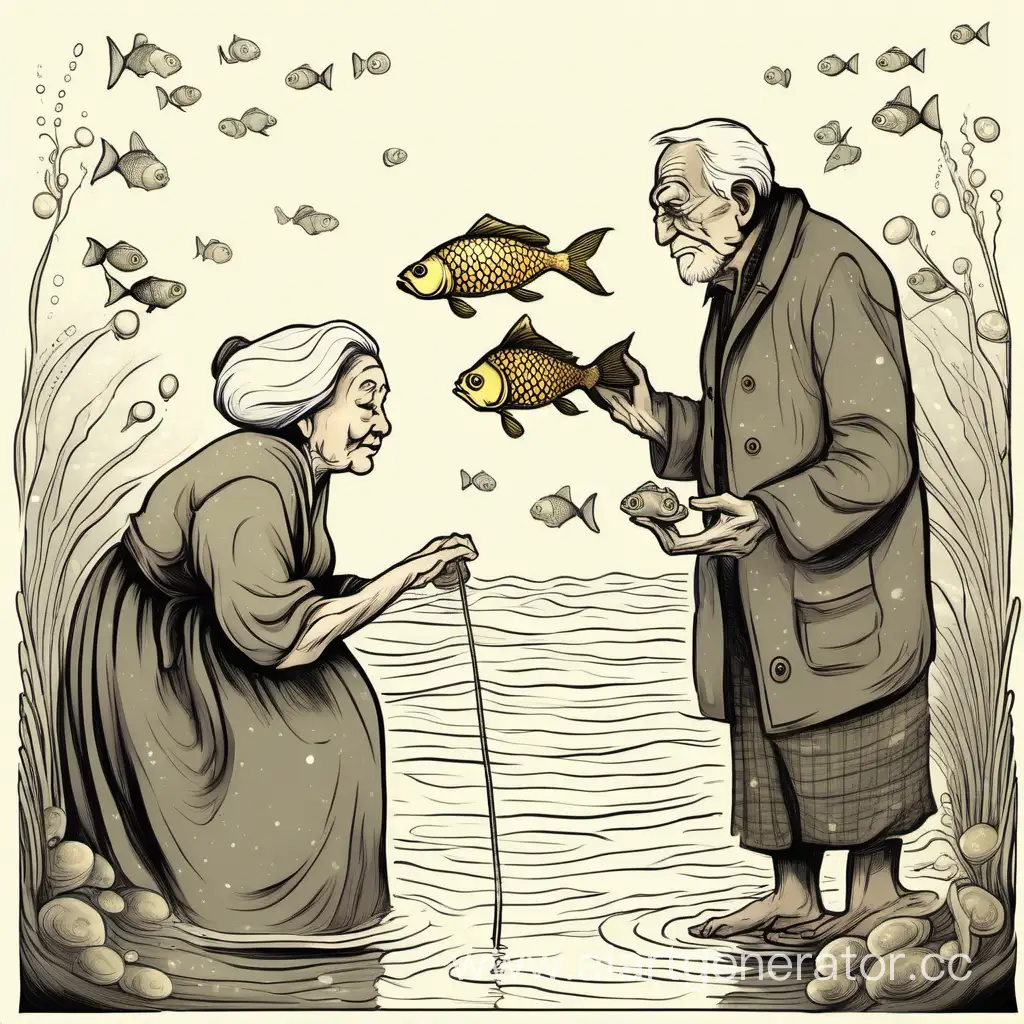 Старуха хочет чтобы старик попросил желания у золотой рыбки

