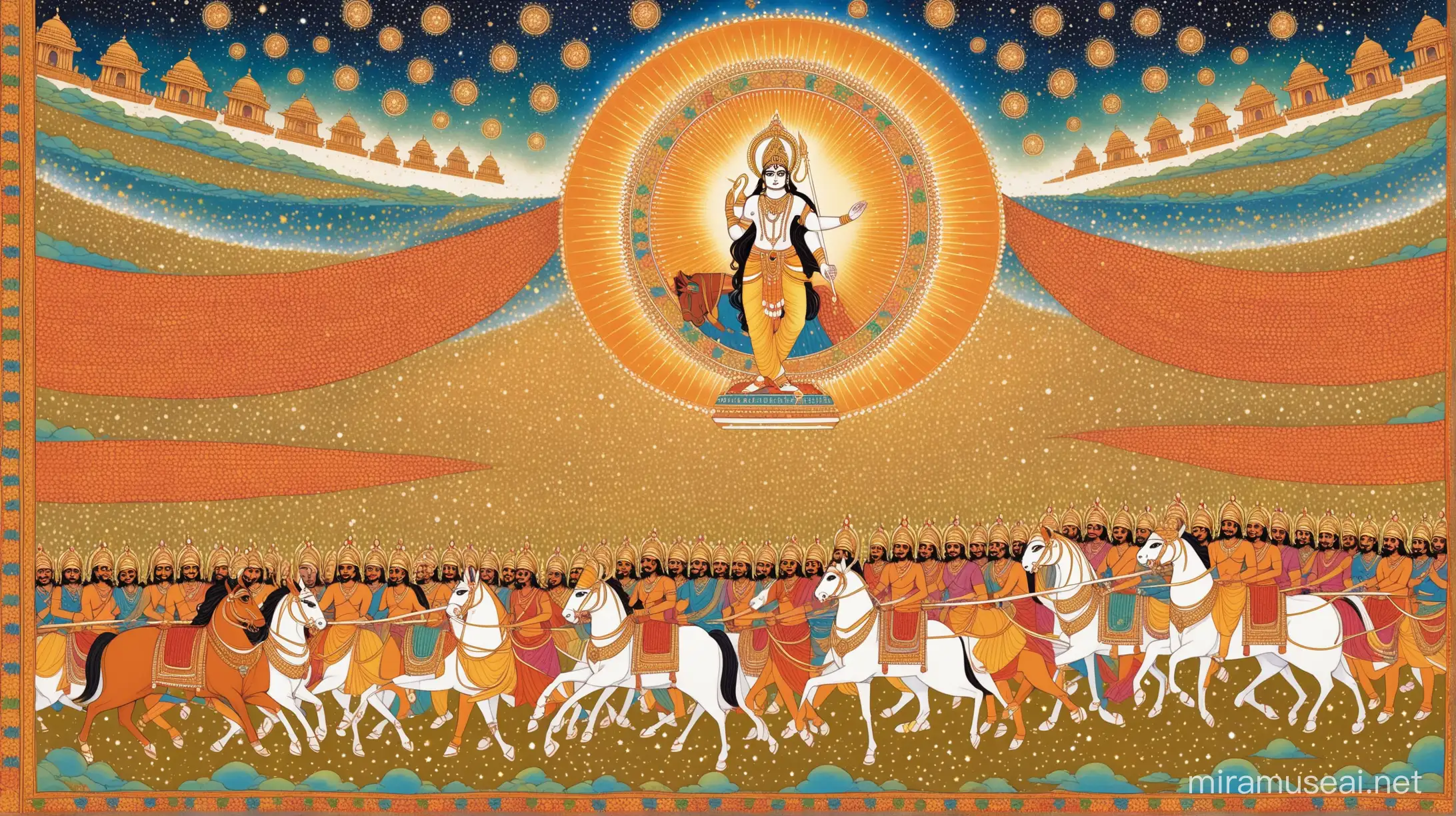 Amidst the chaos of Kurukshetra's battlefield, Lord Krishna imparts the profound teachings of the Bhagavad Gita to Arjuna. With celestial beings as witnesses, Krishna's divine counsel guides Arjuna towards spiritual enlightenment, weaving a tapestry of cosmic wisdom amidst the clash of armies.