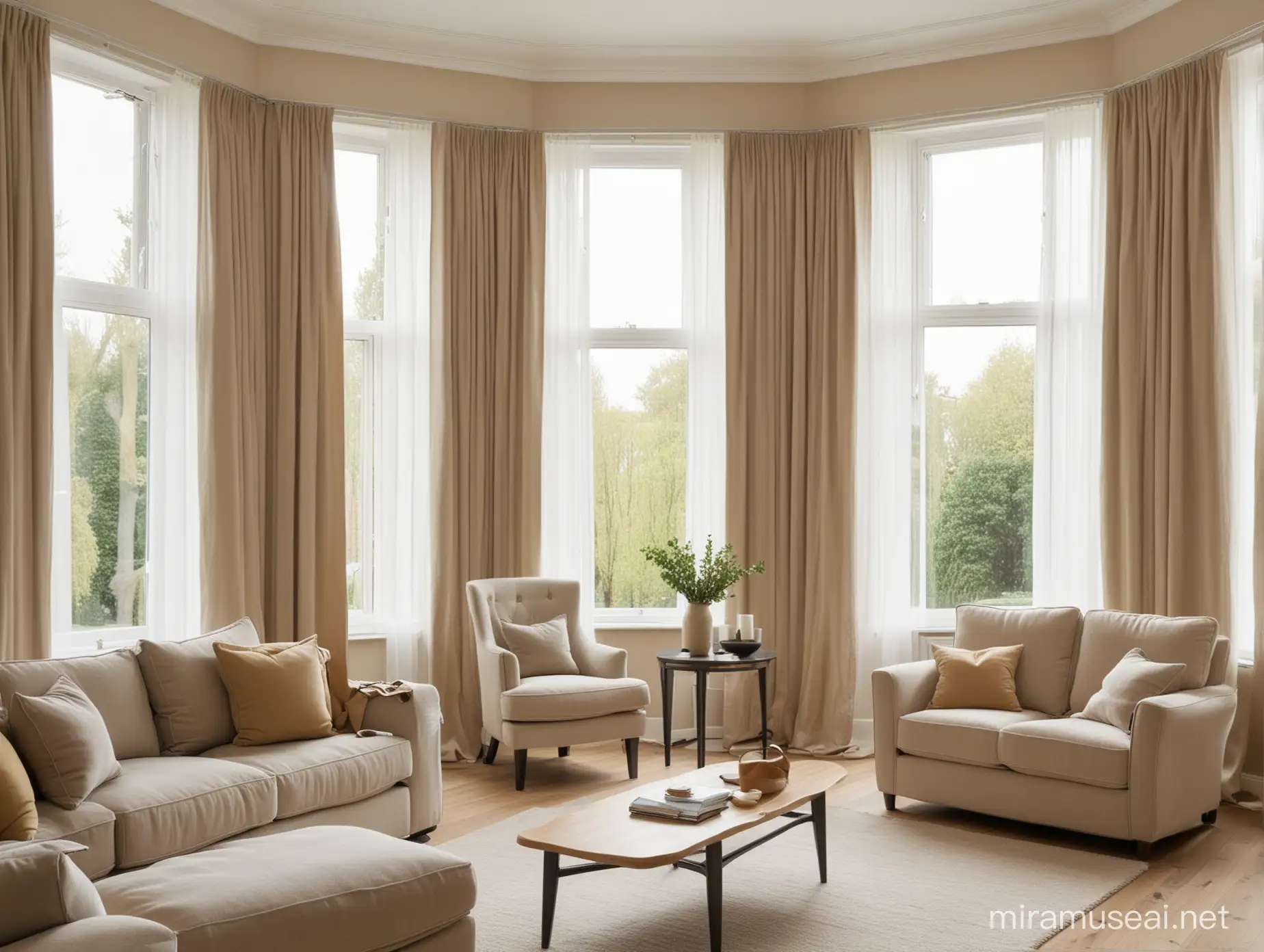 Cozy Living Room with Large Bay Window and Beige Curtains