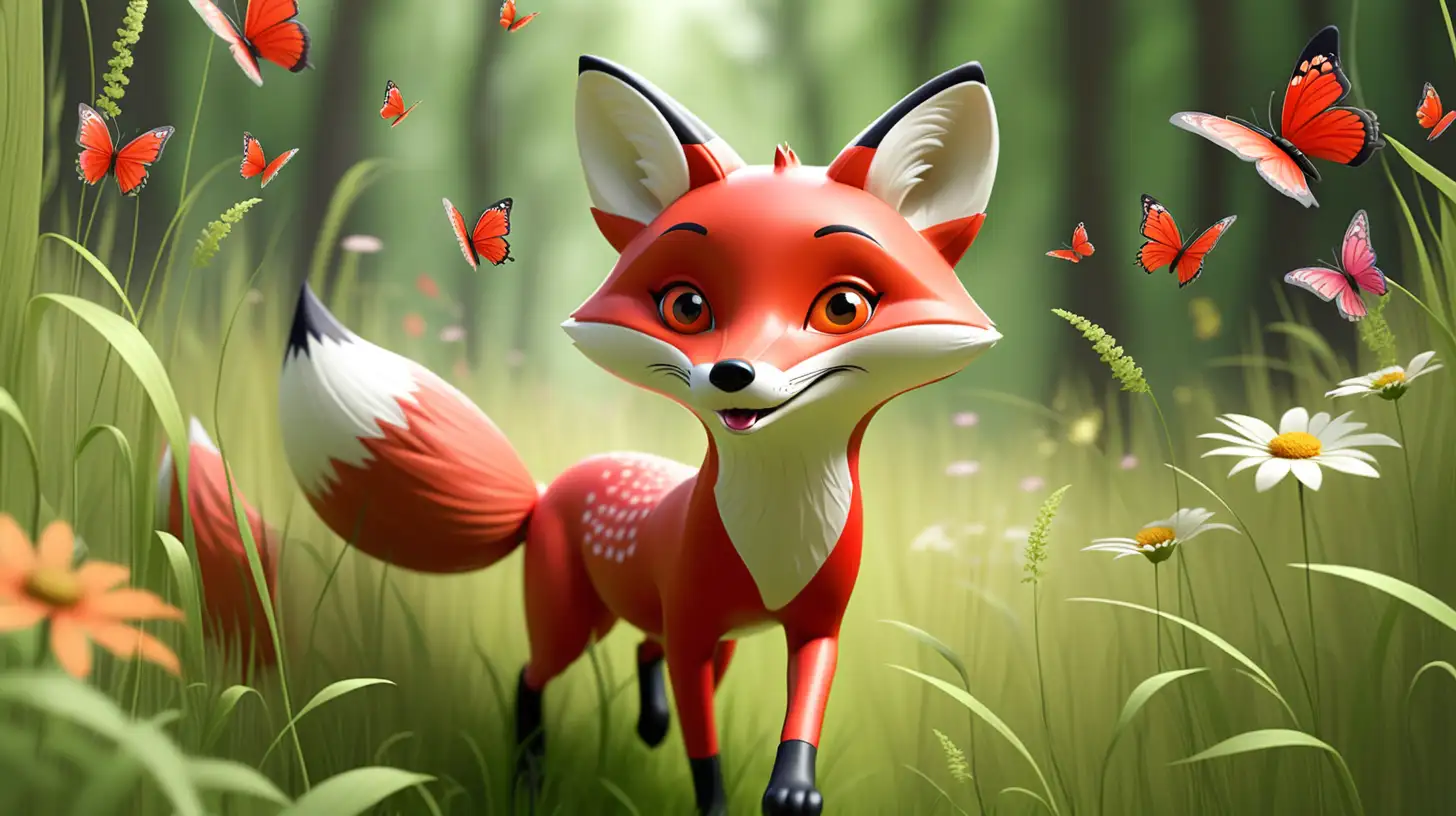 В  этом летнем  лесу  по высокой траве и цветов бежит лиса в красном купальном костюме за бабочкамм