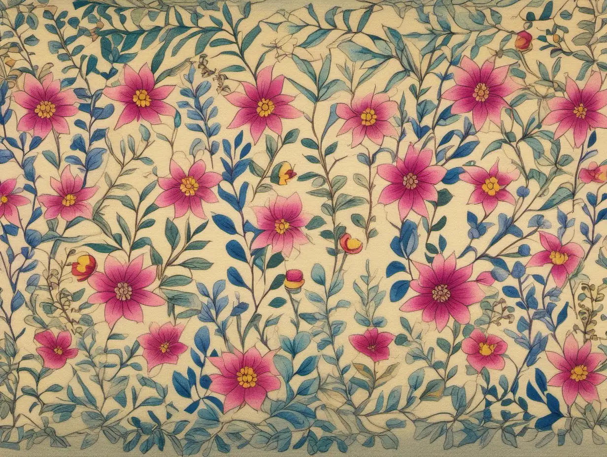 Pattern of Small flowers and Very Small Foliage to use on an original art rug , Deep Pinks , blues , yellows , and bluish Greens on light background color  