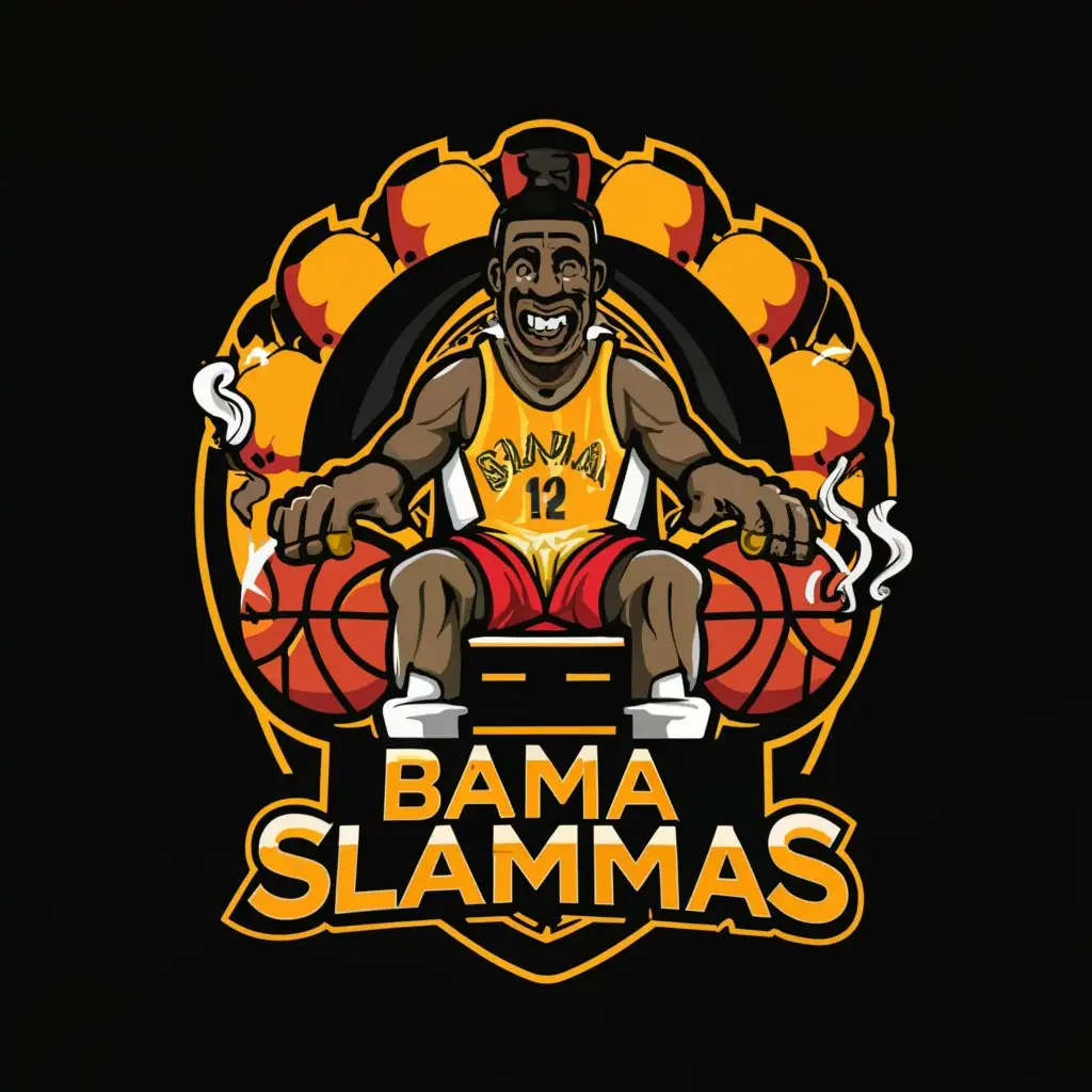 a logo design,with the text "Bama Slammas", main symbol:OLD black man cartoon sitting on a chair with a basketball smoking a cigar, black and gold colors,complex,be used in Sports Fitness industry,clear background