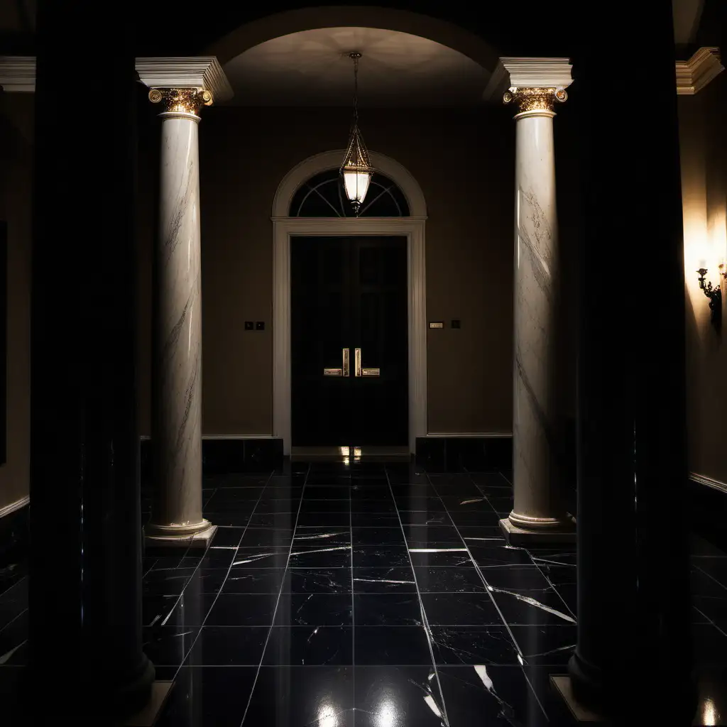 Dark wide entrance hall with columns dimly lit marble floor in large manor house at night