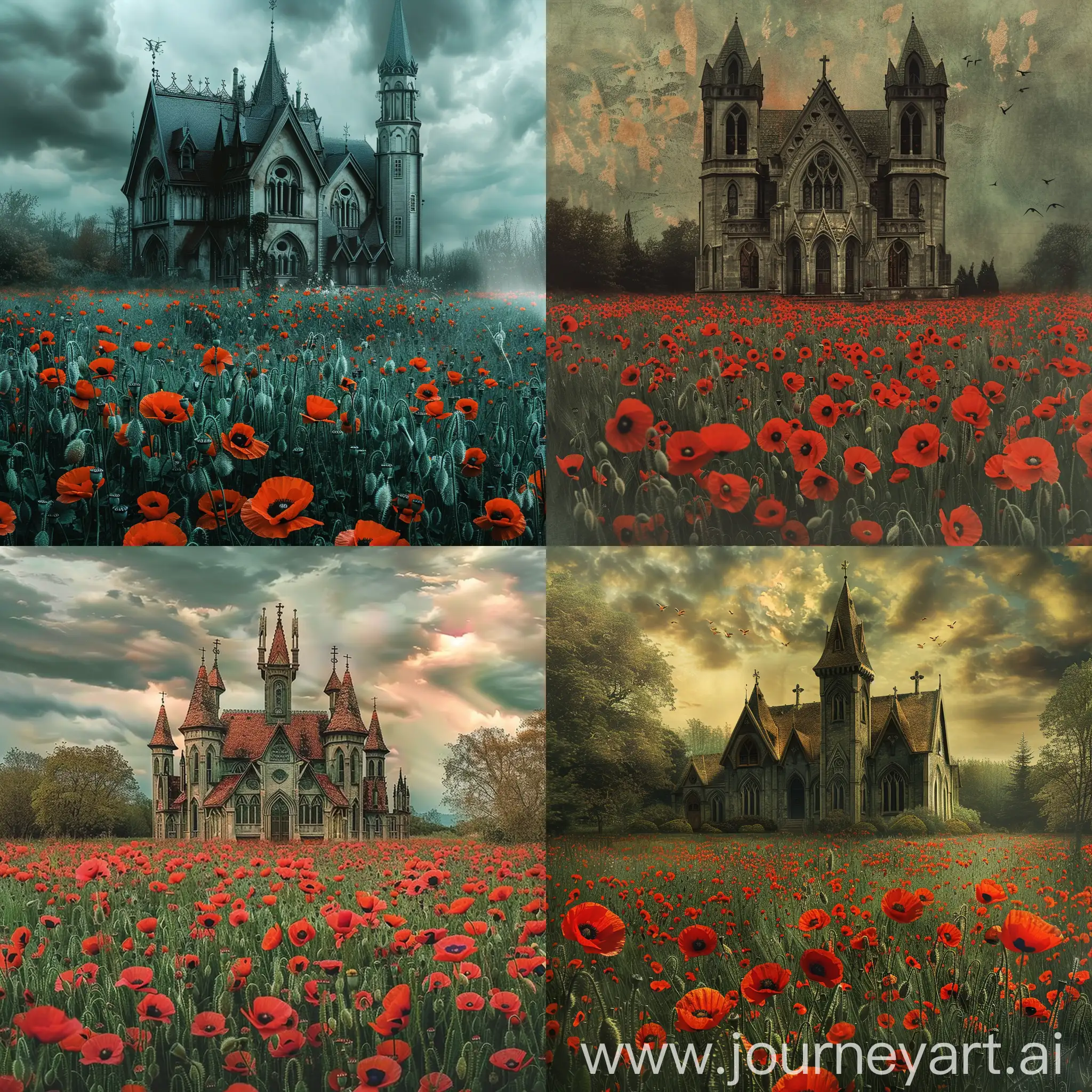 A gothic house of God encompassed by a field of poppies
