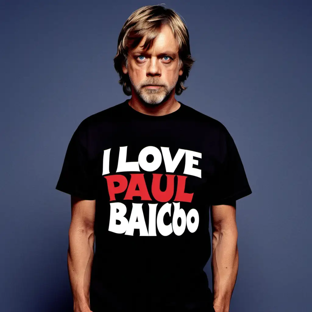 Luke Skywalker wearing a t-shirt which reads 'I Love Paul Baichoo' on it