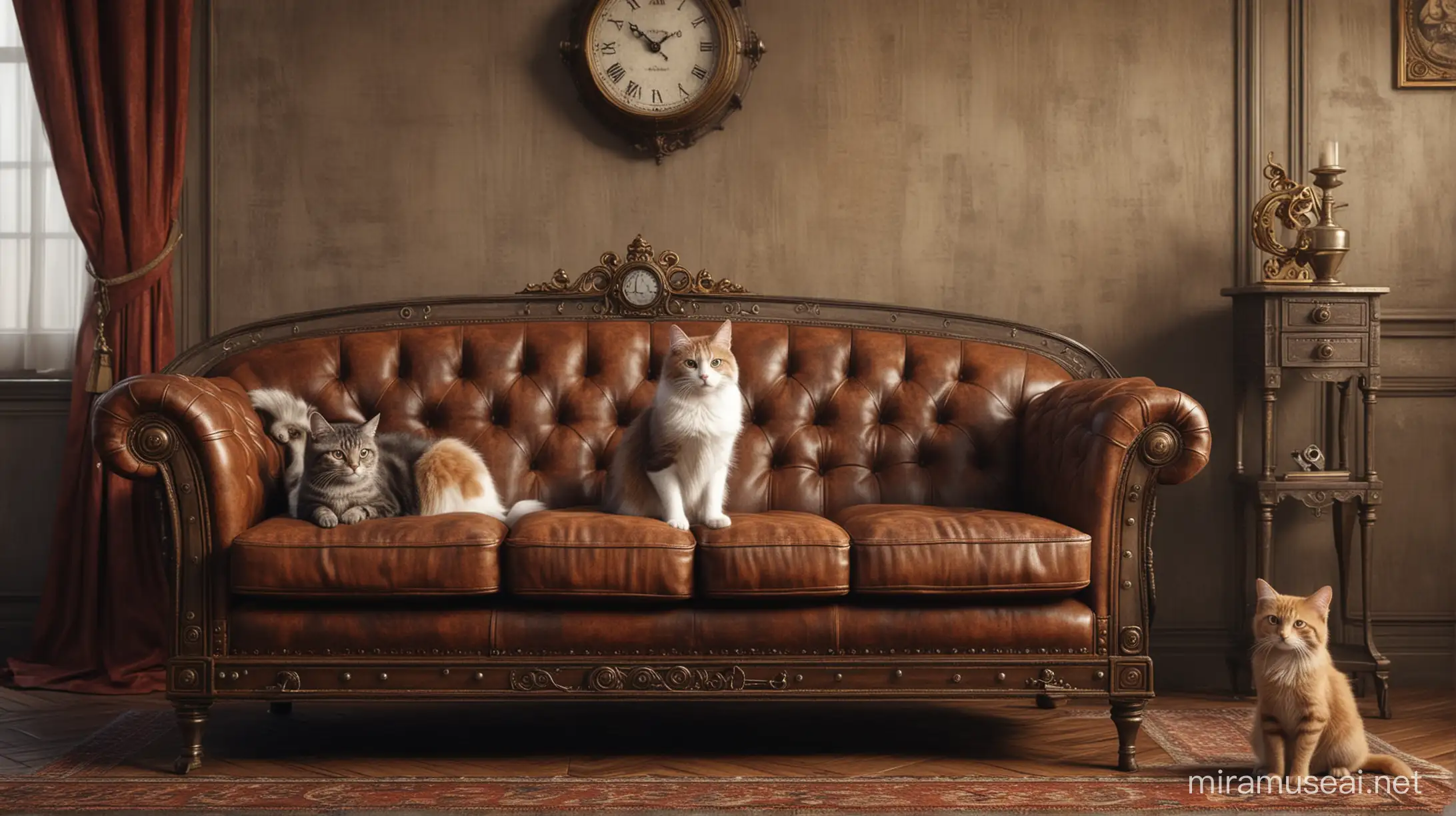 the dog and the cat sit on an elegant sofa in a steampunk living room hyper realistic ultra high resolution --ratio 16:9