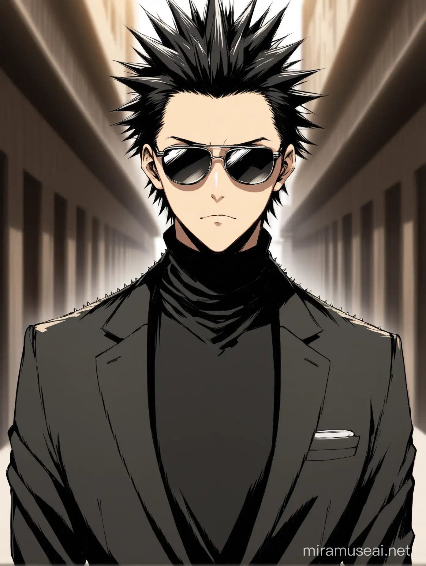 anime guy with spiky hair and wearing sunglasses and suit and a turtleneck facing forward at the camera