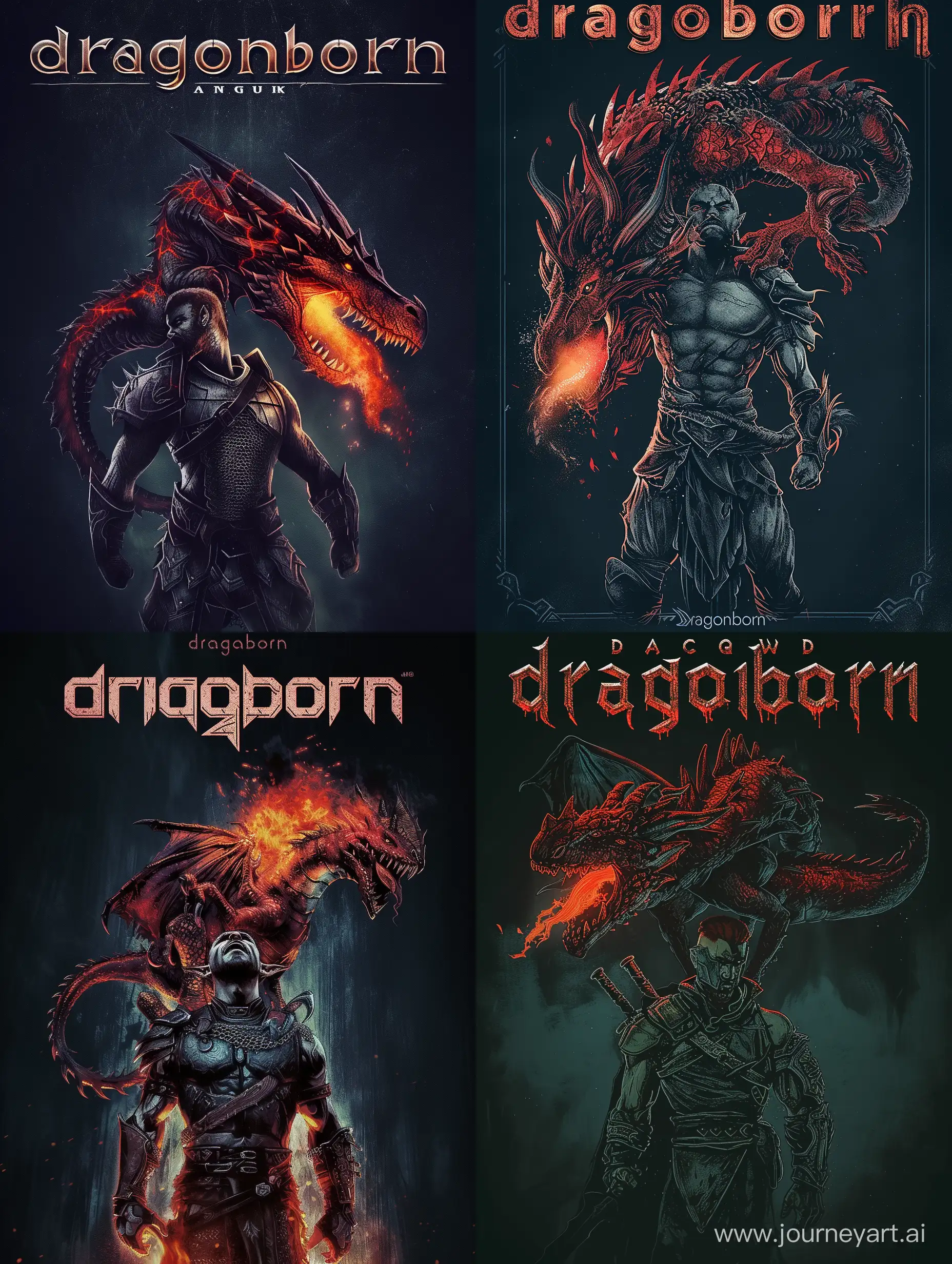 A picture in dark colors for a group called dragonborn (from the game skyrim). In the picture, a dragonborn with a red and black dragon on his back, who breathes fire. At the top, “dragonborn” is written in large letters in a skyrim-style font
