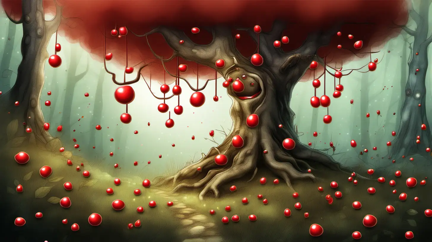 illustrate a tree, whose fruits are little red candys,,  in the magical forest