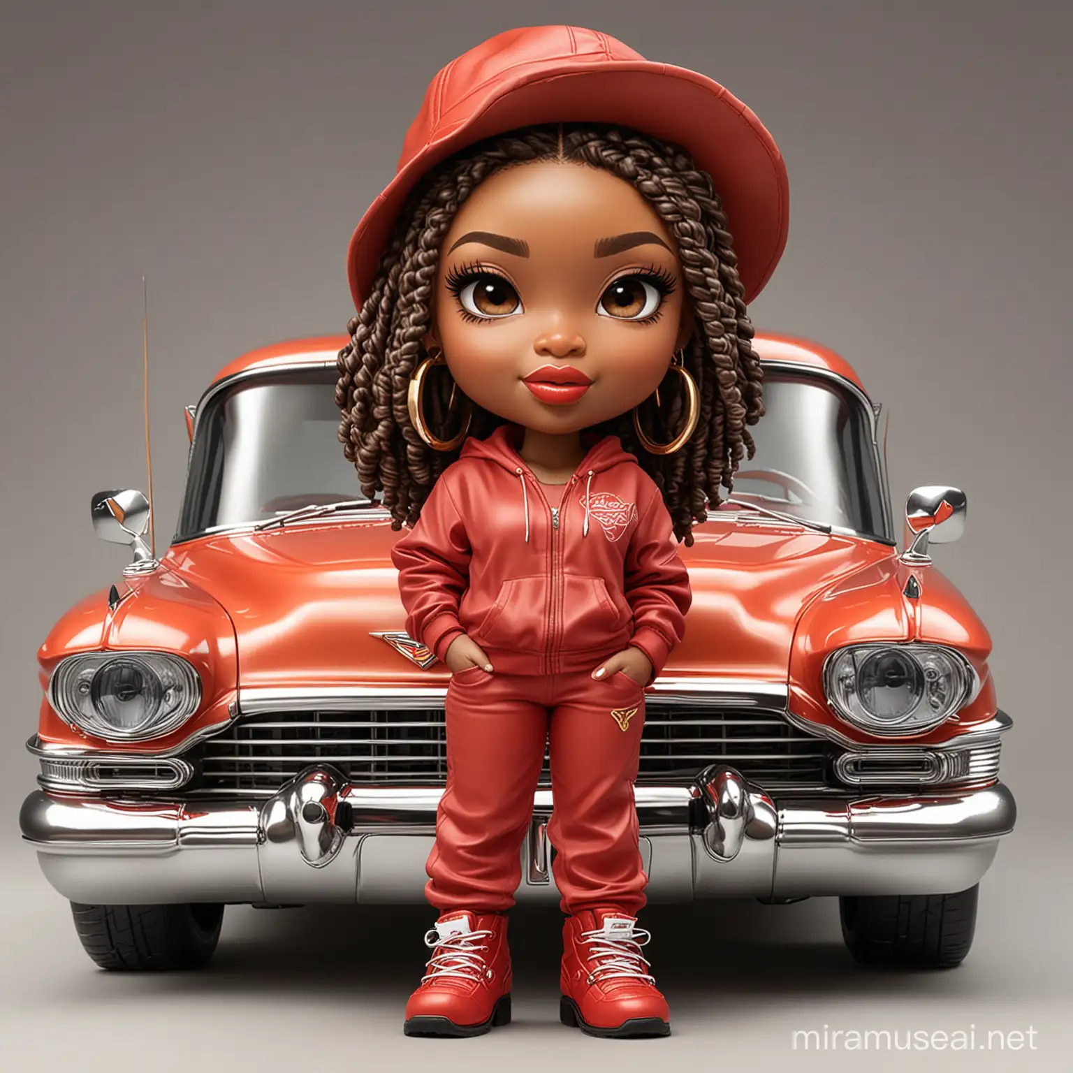 Digital airbrush illustration
of a 30-year-old flawless
melanin,chibi, standing and
holding a cellphone,
leaning on the hood of a
red 1952 Cadillac  with custom gold
and chrome 23 inch
Forgiato rims. She has a
curvy figure with a tiny
waist. Her
large almond-shaped eyes
and full lips are
emphasized. She's wearing
a red jogging suit and a
bucket hat, her feet in tan-
colored Timbaland-style
boots. Her hair is styled in
Marley Twists., in a vibrant
cartoon art style that
captures chibi proportions,
against a white background.
Aspect ratio: 12x12