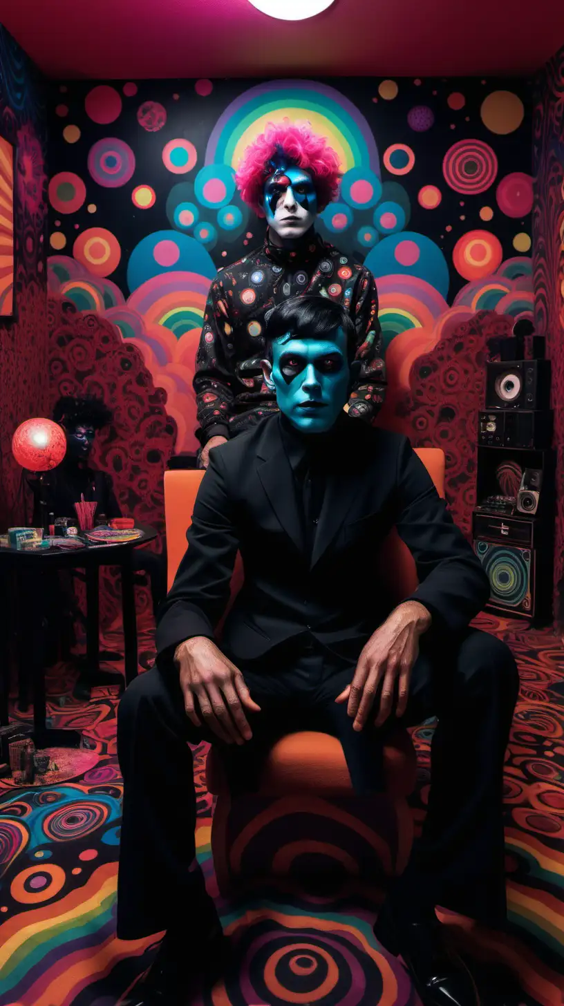image of a man dressed in all black with thick make-up sitting in a room full of psychedelic imagery