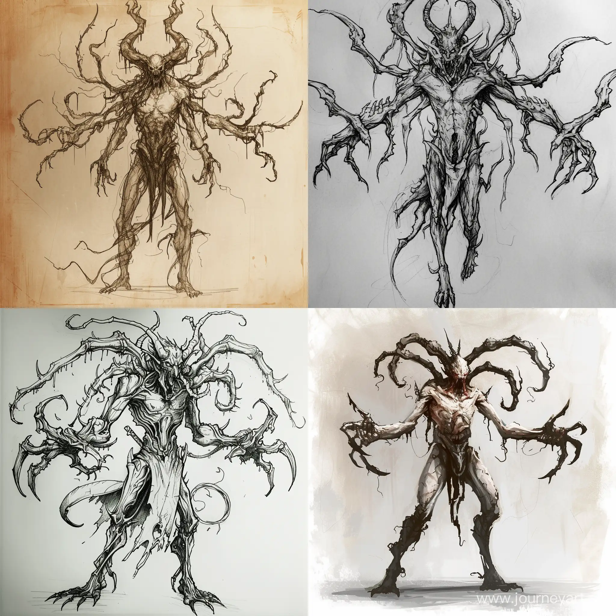 Нарисуй демона, в стиле реализм, для игры, у демона должно быть много рук, он должен быть ростом порядка 4 метров в высоту
