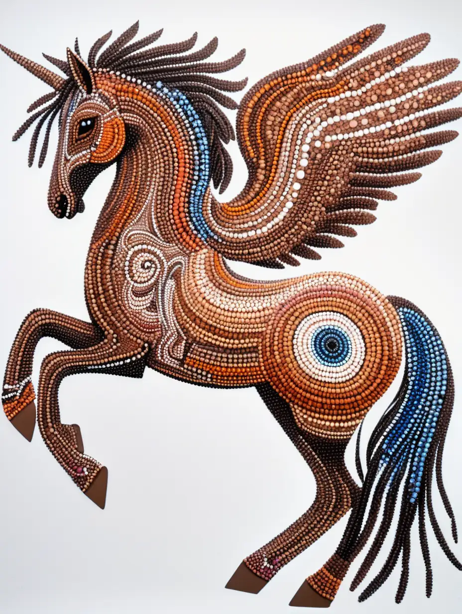 a pegasus in Austrlian aboriginal point art in earthy colors including brown, orange, blue, pink and green with white background