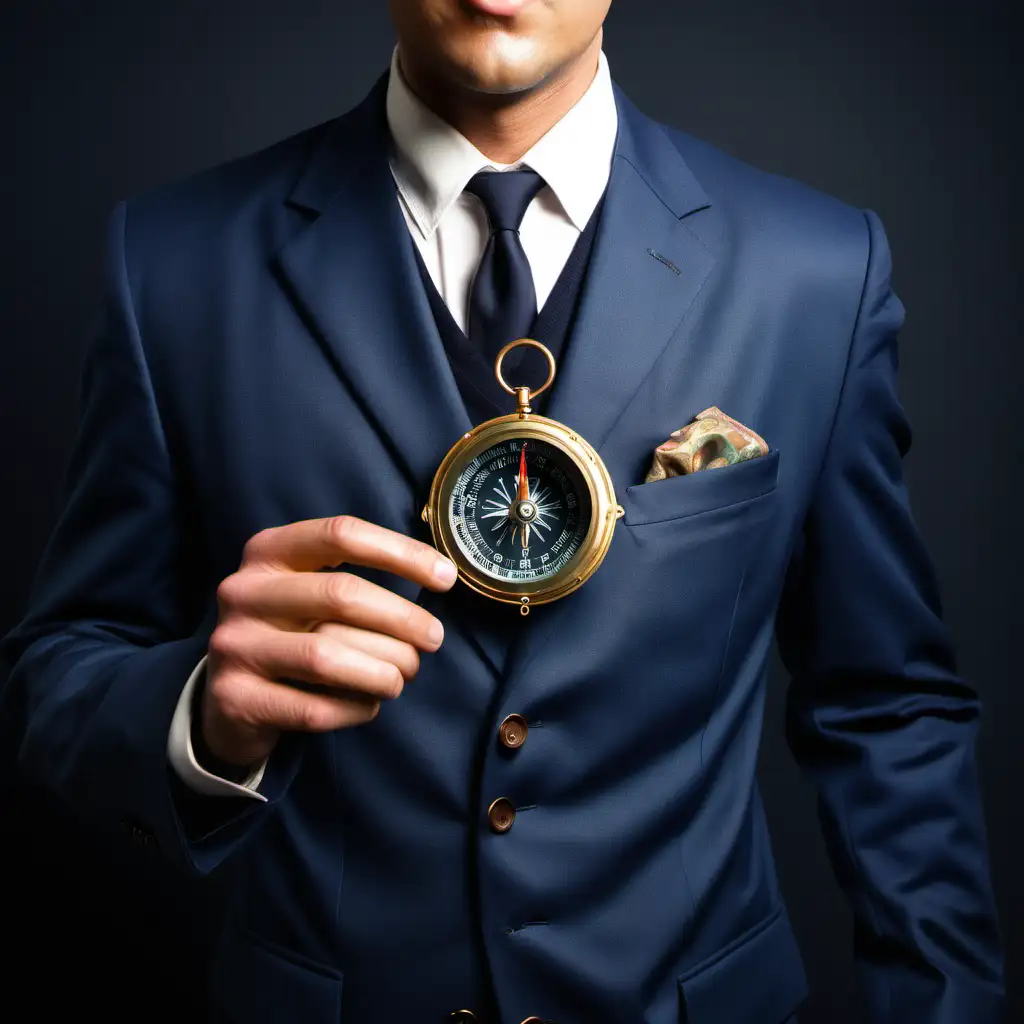 A man well dressed up in a suit with a big compass fitted on his chest.Tha man is not holding  the compass.