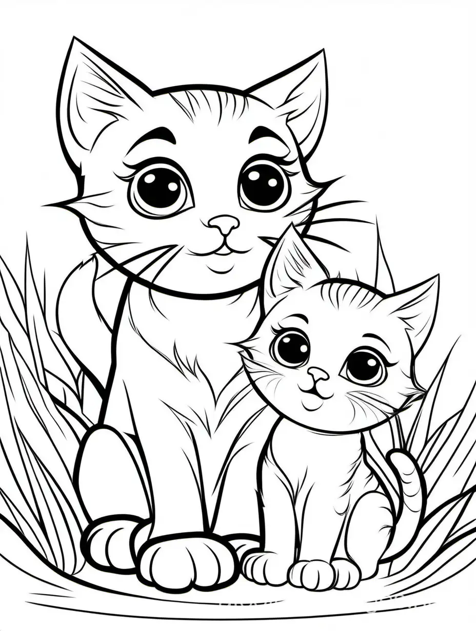 cute Kitten with his baby for kids easy, Coloring Page, black and white, line art, white background, Simplicity, Ample White Space. The background of the coloring page is plain white to make it easy for young children to color within the lines. The outlines of all the subjects are easy to distinguish, making it simple for kids to color without too much difficulty
