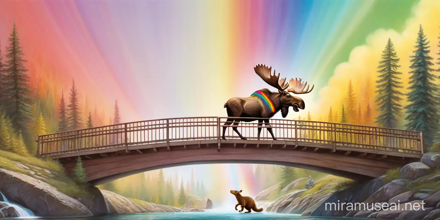 A moose being ridden by a mongoose walking over a bridge made from a rainbow