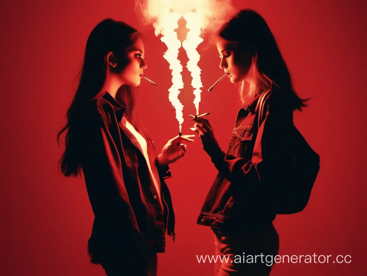 две девушки стоят друг напротив друга, обе с дымящимися сигаретами, свет красного цвета

