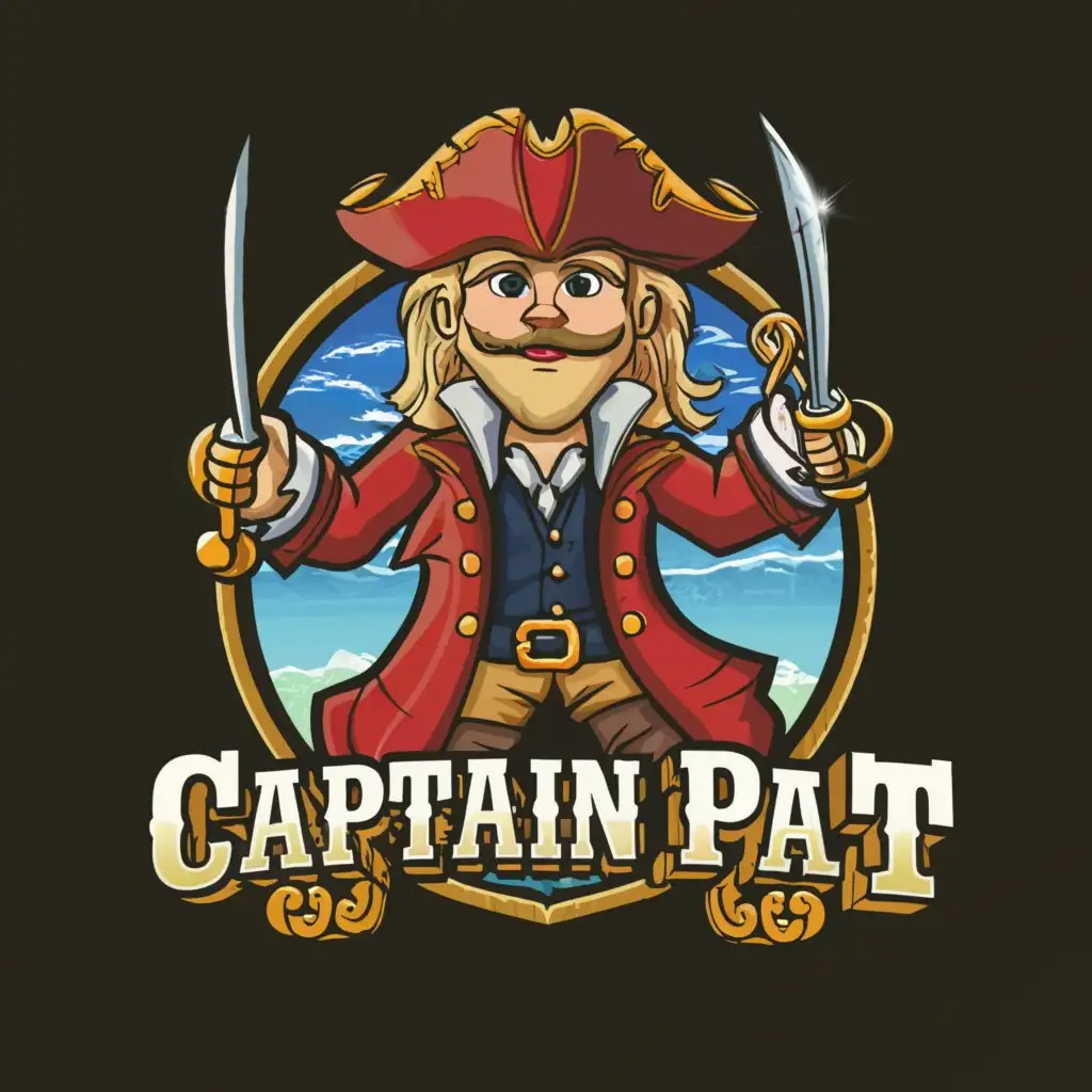 a logo design,with the text "Captain Pat", main symbol:male, full body, blonde ponytail Captain Morgan pirate,Moderate,clear background