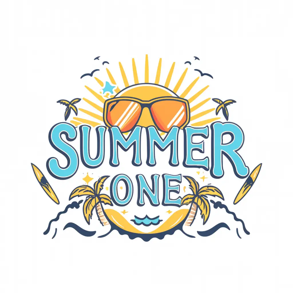 a logo design,with the text "summer one", main symbol:sunny, beach, surf, funny, cool,Moderate,be used in Education industry,clear background