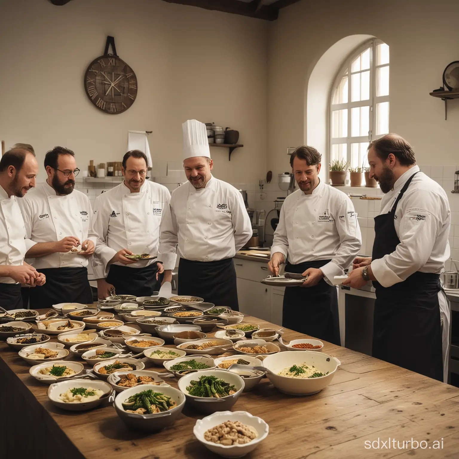 a cooking course in a hall of bauknecht kitchens where Frank Heppner explains eel recipes to a few chefs