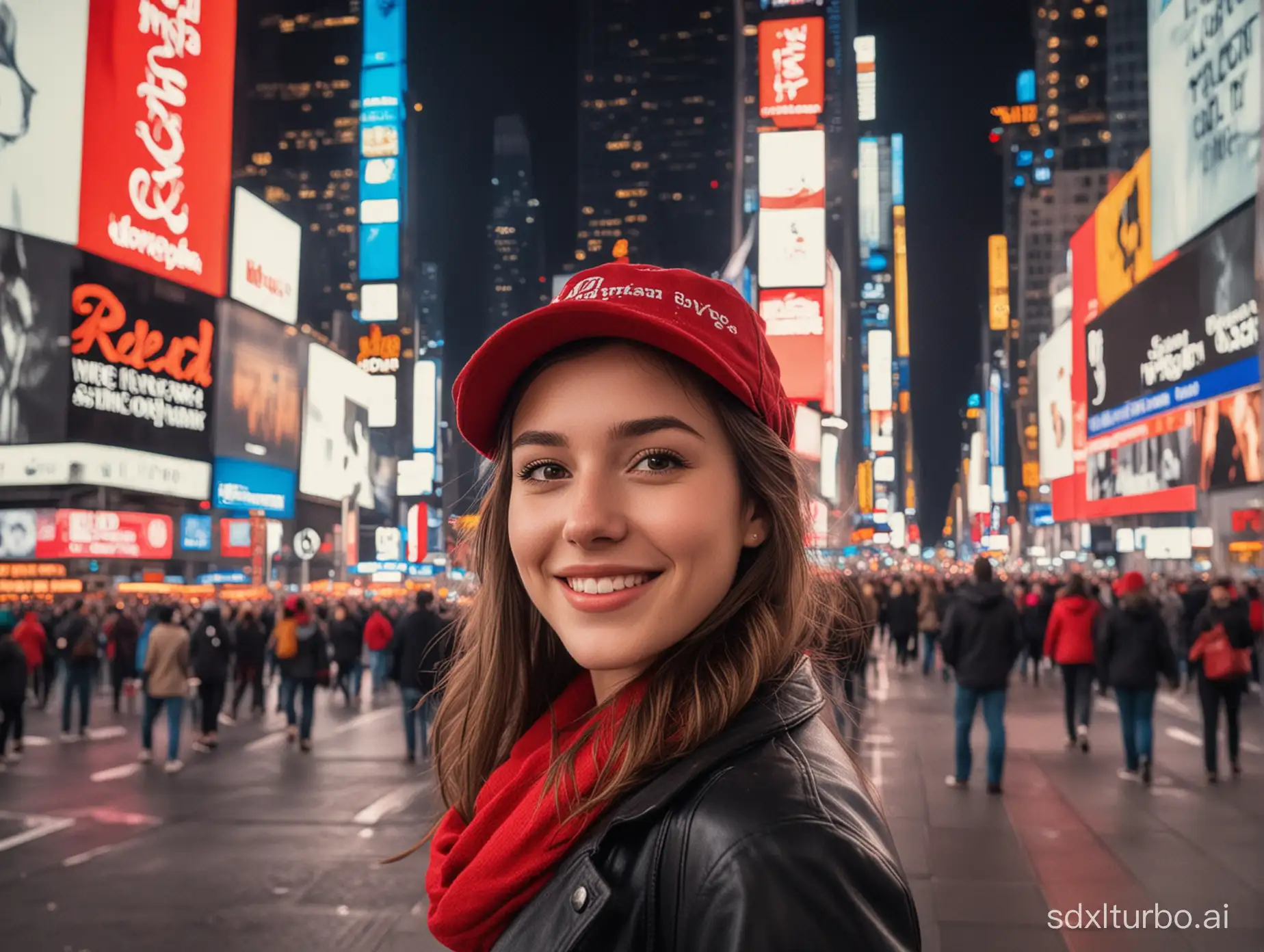 A beautiful girl in the middle of New York time square with a smile on her face coz she is wearing a red hat