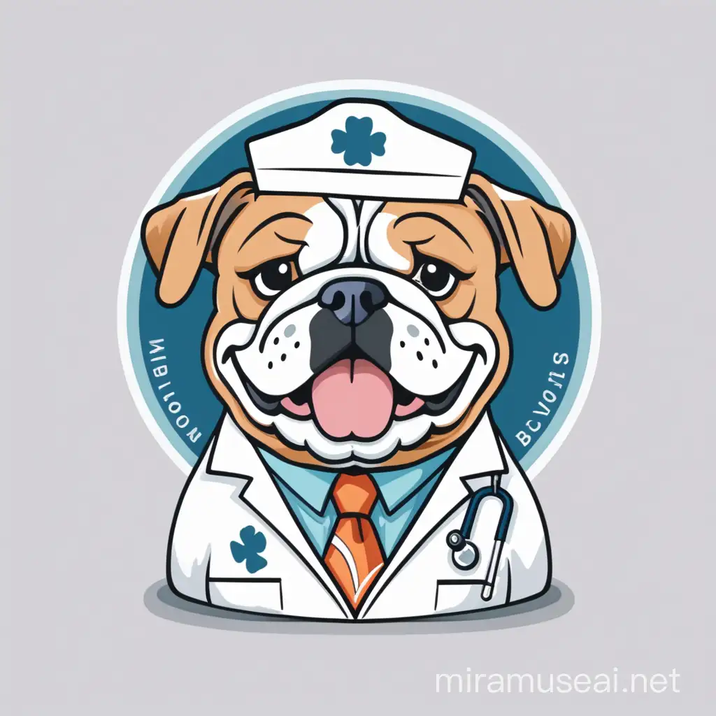 draw the logo of the veterinary blade name DOC.DOG which depicts an English bulldog in a doctor’s suit who is smiling